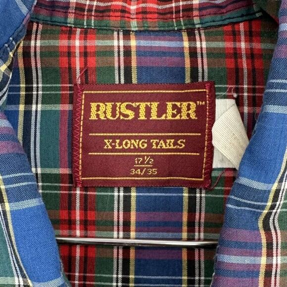 Vtg Rustler Western Pearl Snap Shirt XLong Tails Cowboy Rodeo Blue Plaid Size XL - Picture 5 of 8